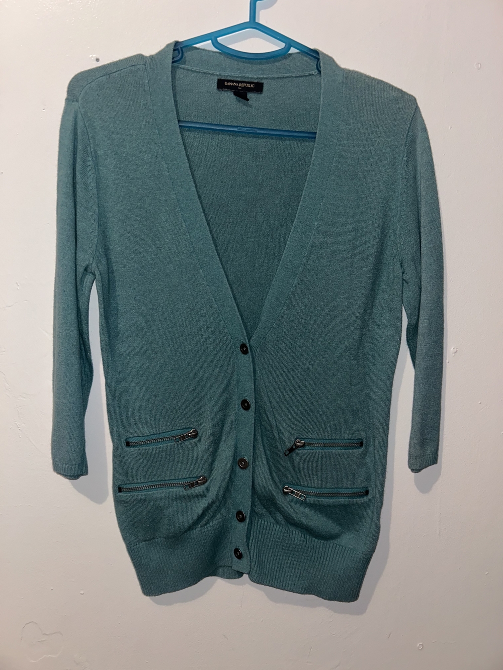 Banana Republic Teal Zip-Pocket V-Neck Cardigan